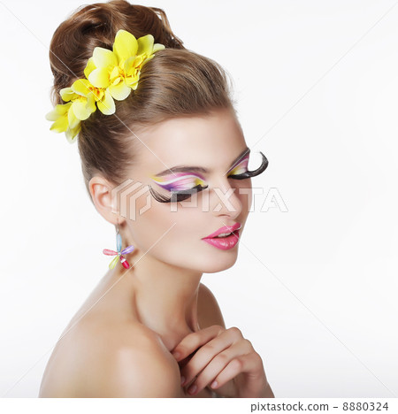 Creativity. Portrait of Fancy Woman with Long False Eye Lashes 8880324
