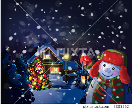 Vector snowman holding lantern on Christmas scene background. Vector snowman holding lantern on Christmas scene background. 8885562