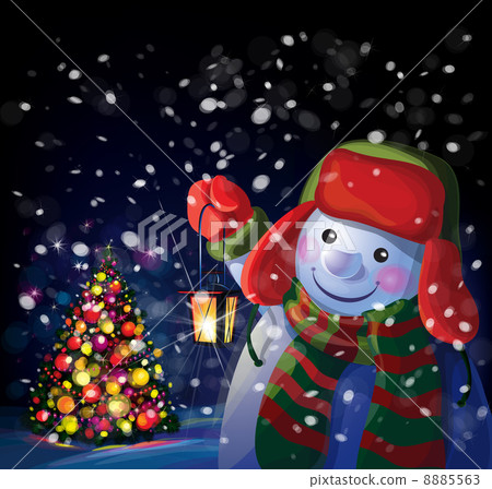 Vector snowman holding Christmas lantern on Chrismas tree backgr 8885563