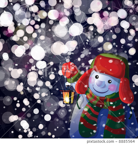 Vector snowman holding Christmas lantern on snowfall background. 8885564
