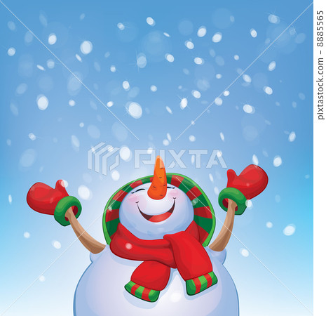 Vector happy snowman and snowfall. 8885565