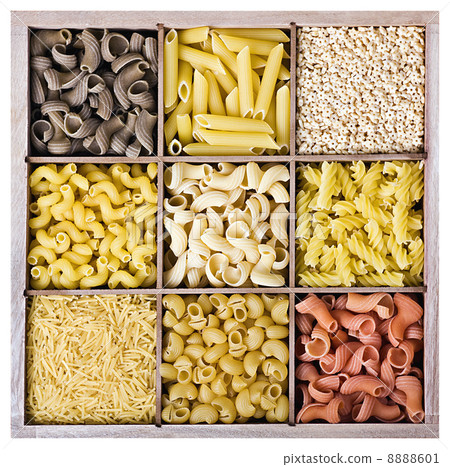 Assortment of Italian pasta in a wooden box Assortment of Italian pasta in a wooden box 8888601