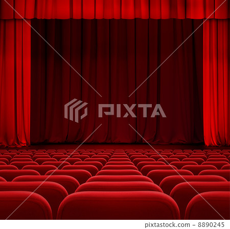 theater or cinema curtain or drapes with red seats theater or cinema curtain or drapes with red seats 8890245