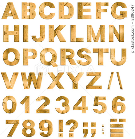 Golden or brass metal alphabet letters, digits and punctuation m 8890247