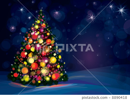 Christmas tree and decorations on winter background. 8890418