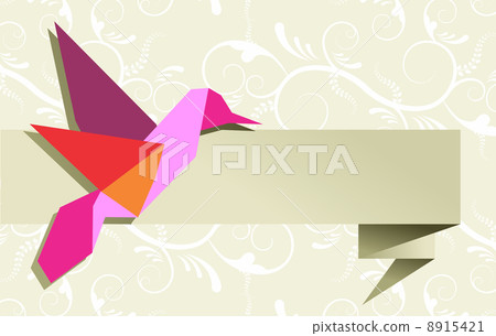 Single Origami hummingbird over floral background Single Origami hummingbird over floral background 8915421