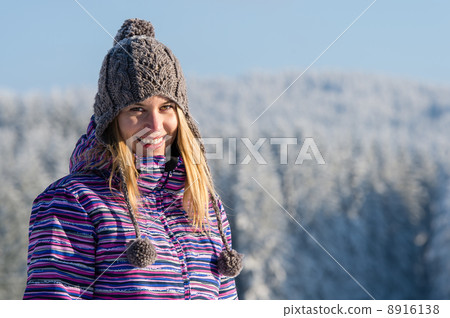Young woman portrait winter mountains snow Young woman portrait winter mountains snow 8916138