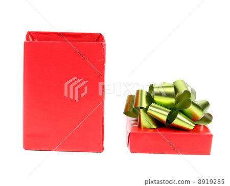 Opened red box with green bow. 8919285