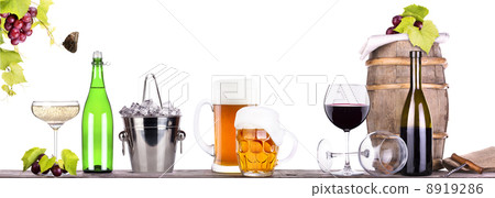 red wine, champagne, beer with summer fruits 8919286