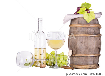 grapes on a barrel with corkscrew and wine glass grapes on a barrel with corkscrew and wine glass 8921603
