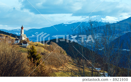 Morning mountain country view with church on hill. Morning mountain country view with church on hill. 8921930