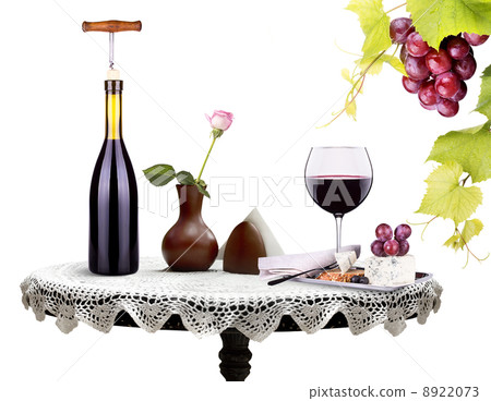 bottle, wine glass with flower and food on a table bottle, wine glass with flower and food on a table 8922073