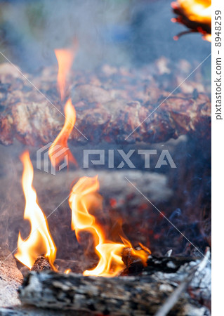 Meat on skewers over  campfire. 8948259