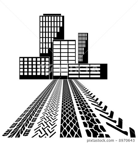 Set of detailed tire prints, leading to the building. Vector ill Set of detailed tire prints, leading to the building. Vector ill 8970643