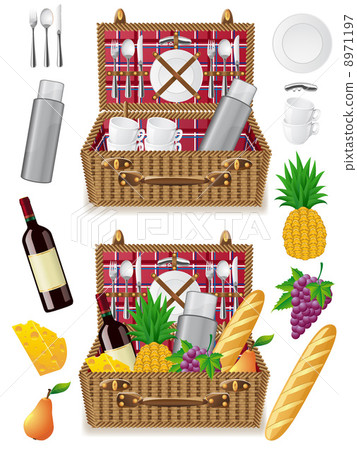 basket for a picnic with tableware and foods 8971197