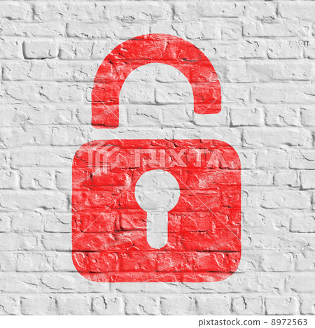 Red Icon of Opened Padlock on White Brick Wall. Red Icon of Opened Padlock on White Brick Wall. 8972563