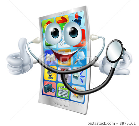 Cartoon phone holding a stethoscope 8975161