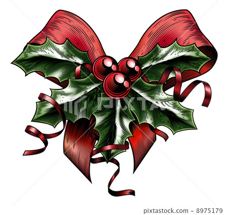 Vintage Woodcut Christmas Holly Bow Vintage Woodcut Christmas Holly Bow 8975179