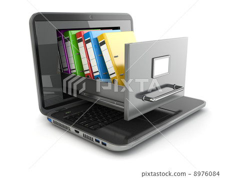 Data storage. Laptop and file cabinet with ring binders. Data storage. Laptop and file cabinet with ring binders. 8976084