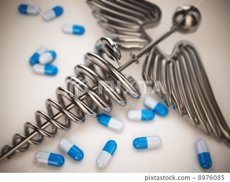 Pills and caduceus pharmacy symbol. 8976085