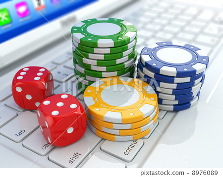 Online casino. Dices and chips on laptop. Online casino. Dices and chips on laptop. 8976089