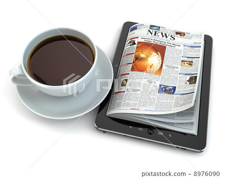 News on tablet pc with coffee cup. News on tablet pc with coffee cup. 8976090