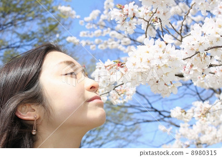 A woman enjoying the fragrance of spring 8980315