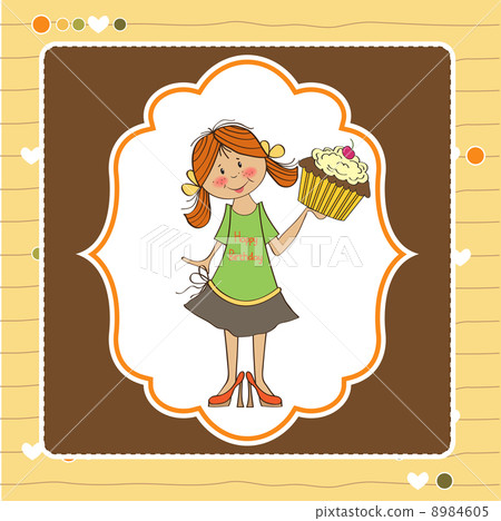 birthday greeting card with girl and big cupcake 8984605