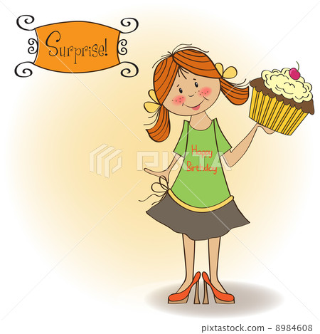 birthday greeting card with girl and big cupcake 8984608