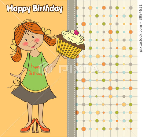 birthday greeting card with girl and big cupcake 8984611