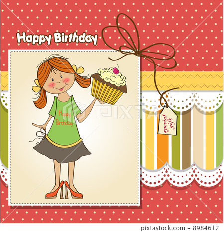 birthday greeting card with girl and big cupcake 8984612