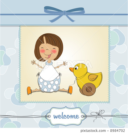 welcome baby card with girl and and her duck 8984702