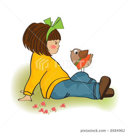 cute young girl talking to little bird cute young girl talking to little bird 8984962