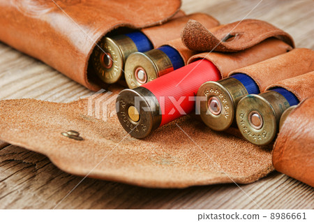 Old hunting cartridges and bandoleer on a wooden table 8986661