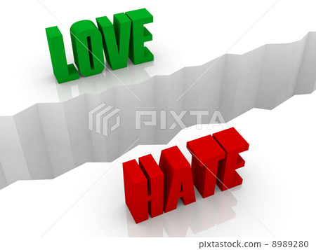 Two words LOVE and HATE split on sides, separation crack. Concept 3D illustration. 8989280