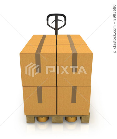 Stack of carton boxes on a pallet with a pallet truck front view Stack of carton boxes on a pallet with a pallet truck front view 8993680