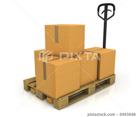 Stack of carton boxes on a pallet with a pallet truck Stack of carton boxes on a pallet with a pallet truck 8993686