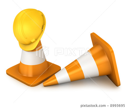 Two roadcones and yellow helmet 8993695