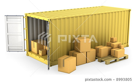 Yellow opened container with a lot of carton boxes Yellow opened container with a lot of carton boxes 8993805