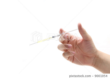Hand hold disposable syringe isolated on the white background 9001054