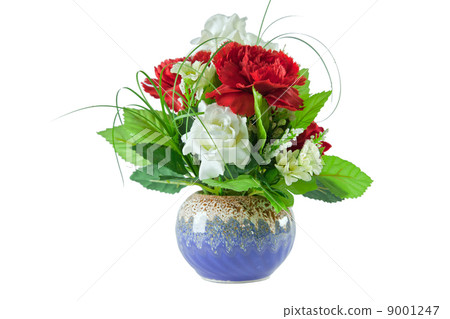 beautiful red and white roses bouquet in blue vase on white back 9001247