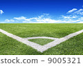 Football and soccer field grass stadium Blue sky background 9005321