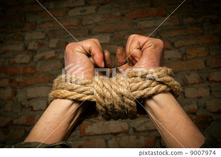 Hands of man tied up with rope 9007974