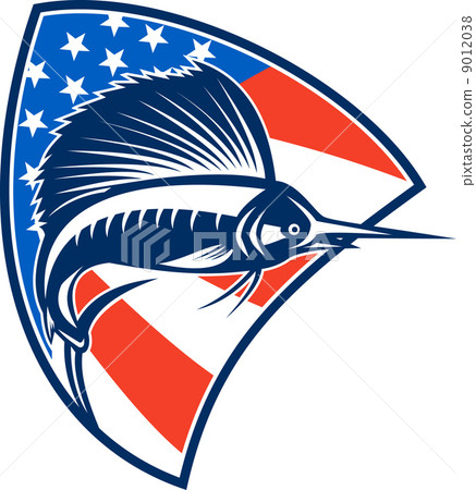 Sailfish Fish Jumping American Flag Shield Retro 9012038