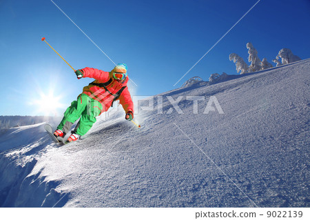 Skier skiing downhill in high mountains Skier skiing downhill in high mountains 9022139
