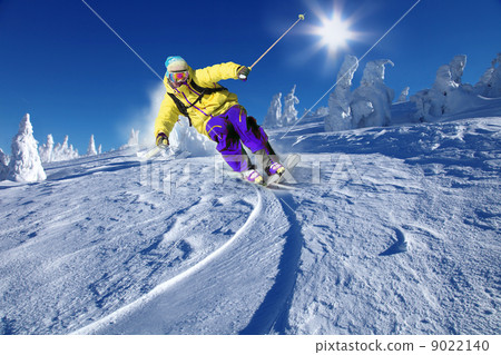 Skier skiing downhill in high mountains Skier skiing downhill in high mountains 9022140