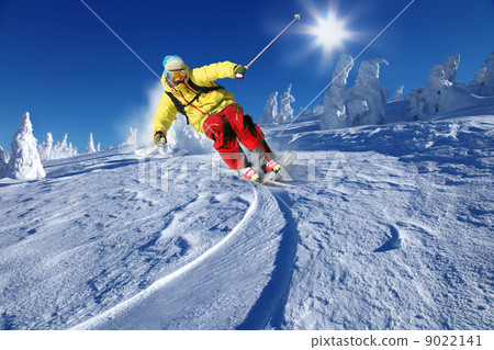 Skier skiing downhill in high mountains Skier skiing downhill in high mountains 9022141