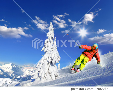 Skier skiing downhill in high mountains Skier skiing downhill in high mountains 9022142