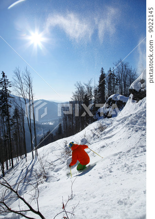 Skier skiing downhill in high mountains Skier skiing downhill in high mountains 9022145