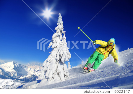 Skier skiing downhill in high mountains Skier skiing downhill in high mountains 9022147